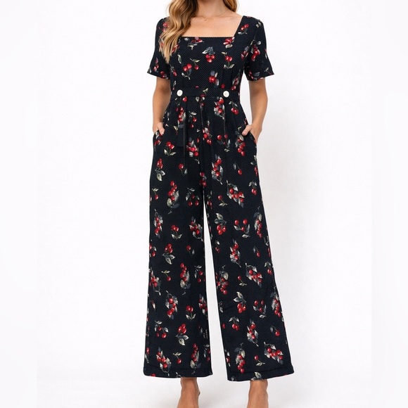 Vintage 90s Express Cherry Print Wide Leg Jumpsuit Black Red Rayon Size 9/10